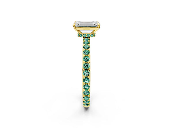 Yellow gold Emerald Cut Diamond Pavé Engagement Ring with Round with Green Sapphire side stone Accents and Prong Setting