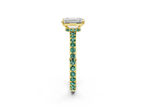 Yellow gold Emerald Cut Diamond Pavé Engagement Ring with Round with Green Sapphire side stone Accents and Prong Setting_2