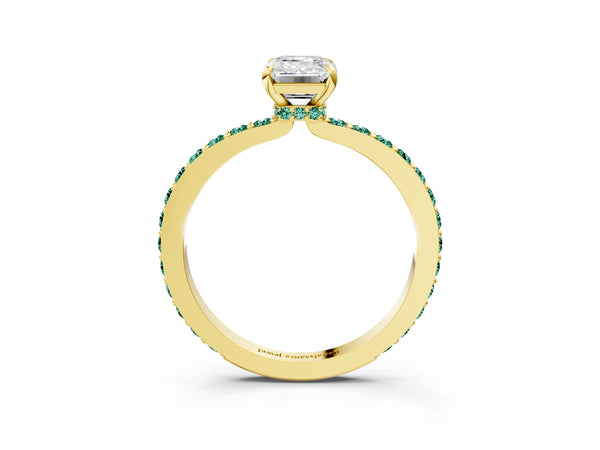 Yellow gold Emerald Cut Diamond Pavé Engagement Ring with Round with Green Sapphire side stone Accents and Prong Setting