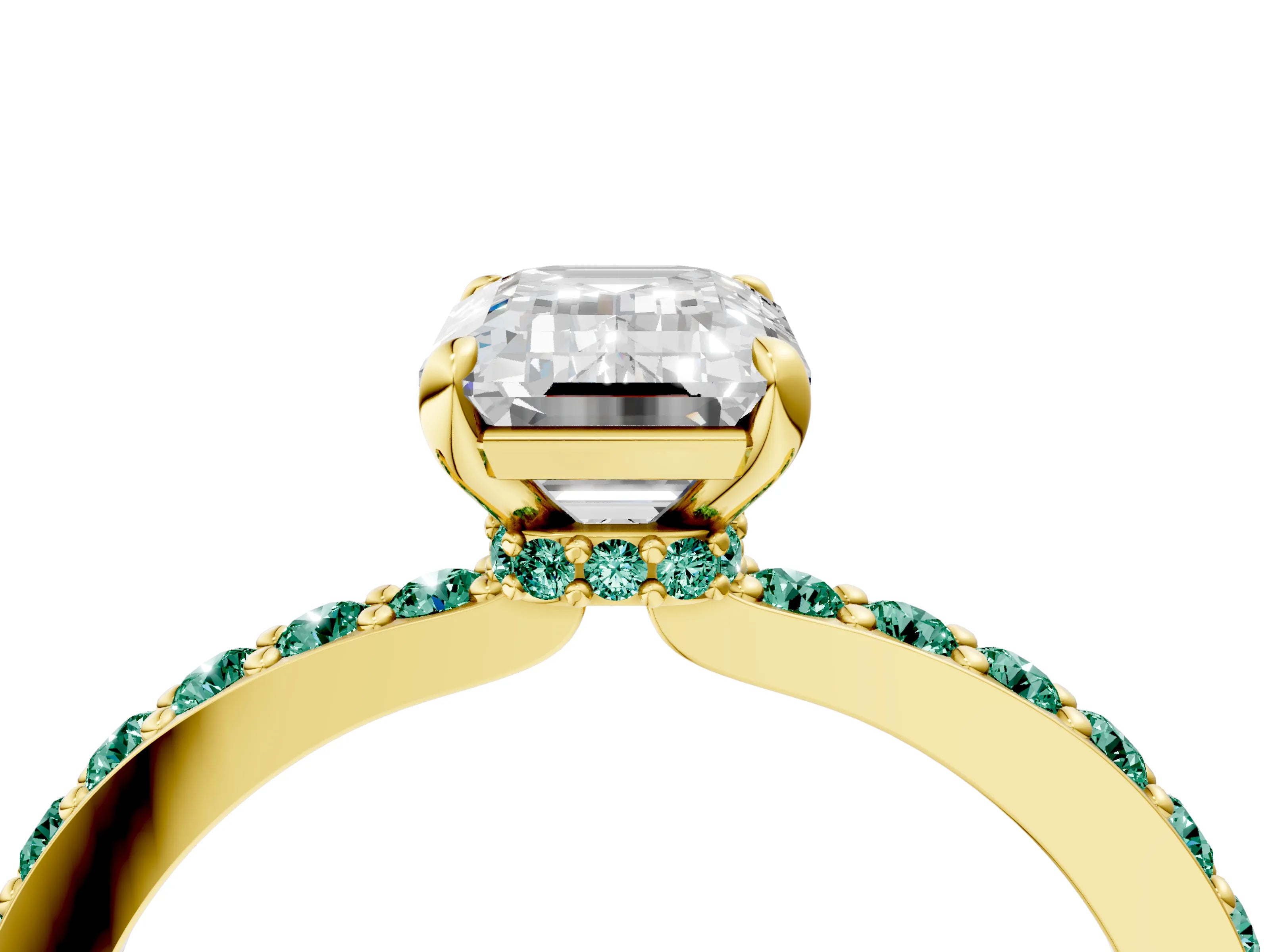 Yellow gold Emerald Cut Diamond Pavé Engagement Ring with Round with Green Sapphire side stone Accents and Prong Setting_4