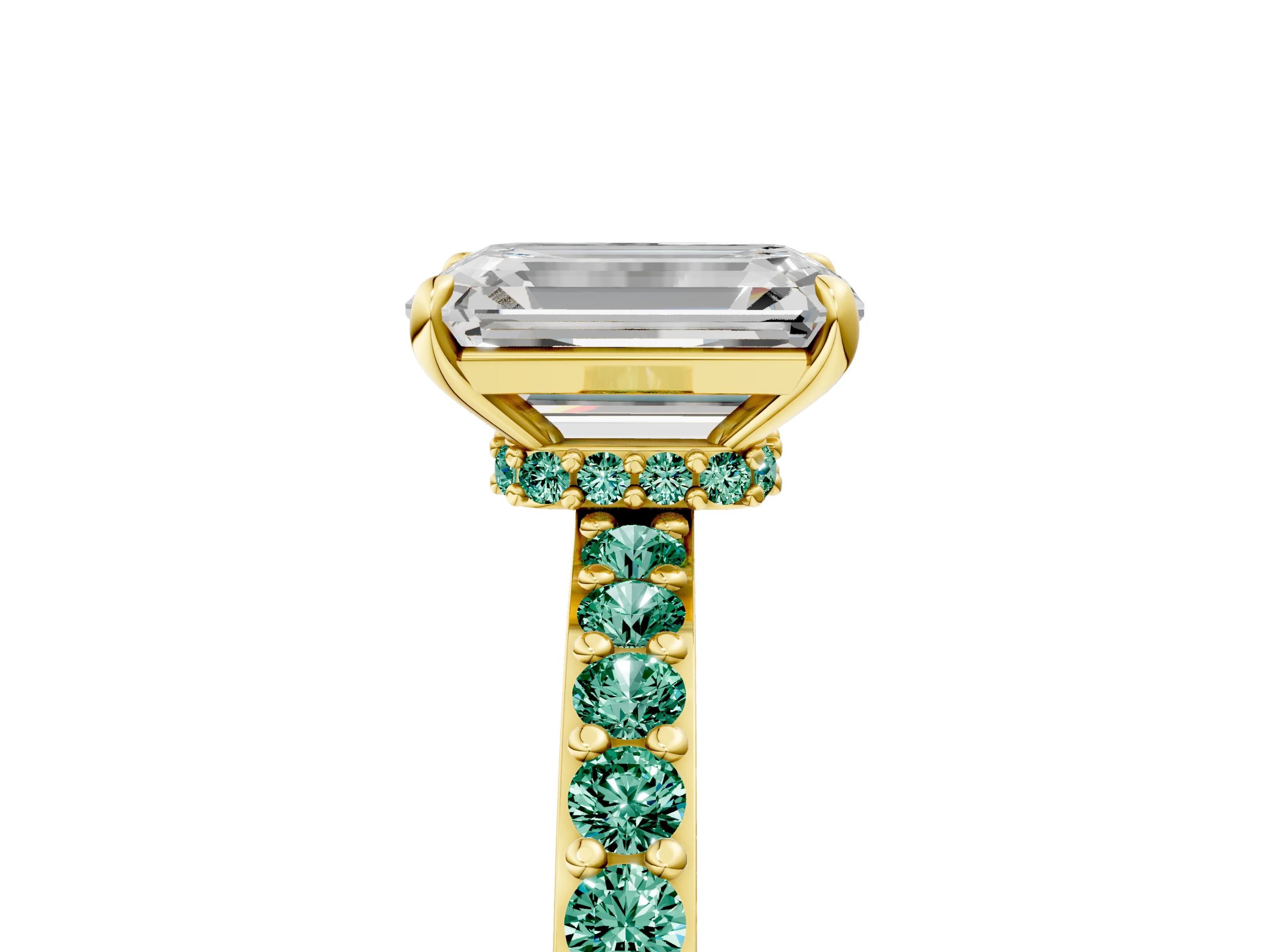 Yellow gold Emerald Cut Diamond Pavé Engagement Ring with Round with Green Sapphire side stone Accents and Prong Setting_5