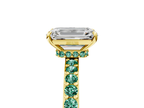 Yellow gold Emerald Cut Diamond Pavé Engagement Ring with Round with Green Sapphire side stone Accents and Prong Setting_5