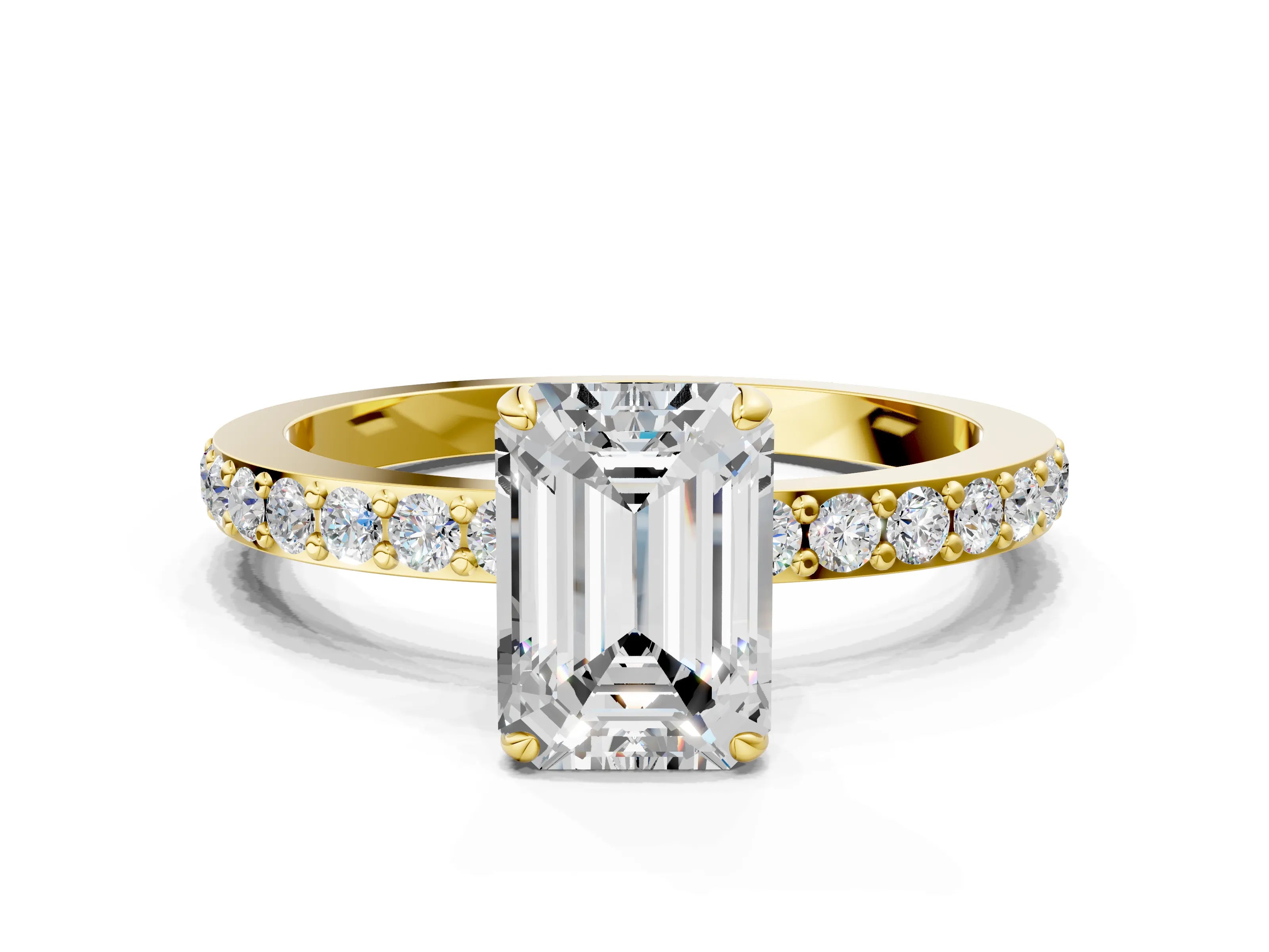 Yellow gold Emerald Cut Diamond Pavé Engagement Ring with Round with Moissanite side stone Accents and Prong Setting