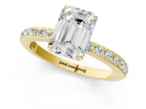 Yellow gold Emerald Cut Diamond Pavé Engagement Ring with Round with Moissanite side stone Accents and Prong Setting_1