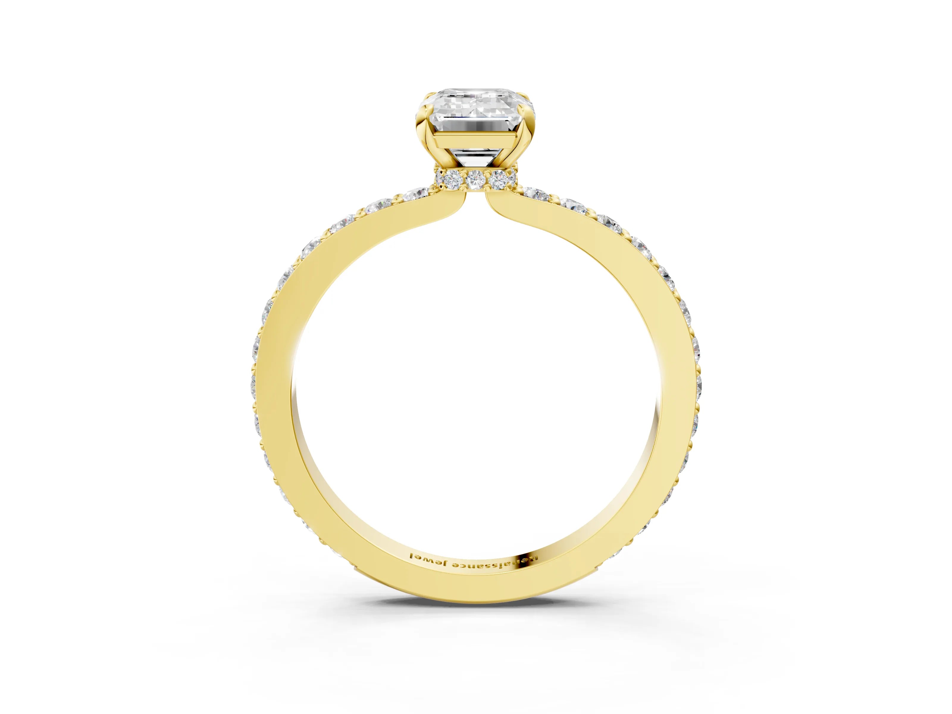 Yellow gold Emerald Cut Diamond Pavé Engagement Ring with Round with Moissanite side stone Accents and Prong Setting_3