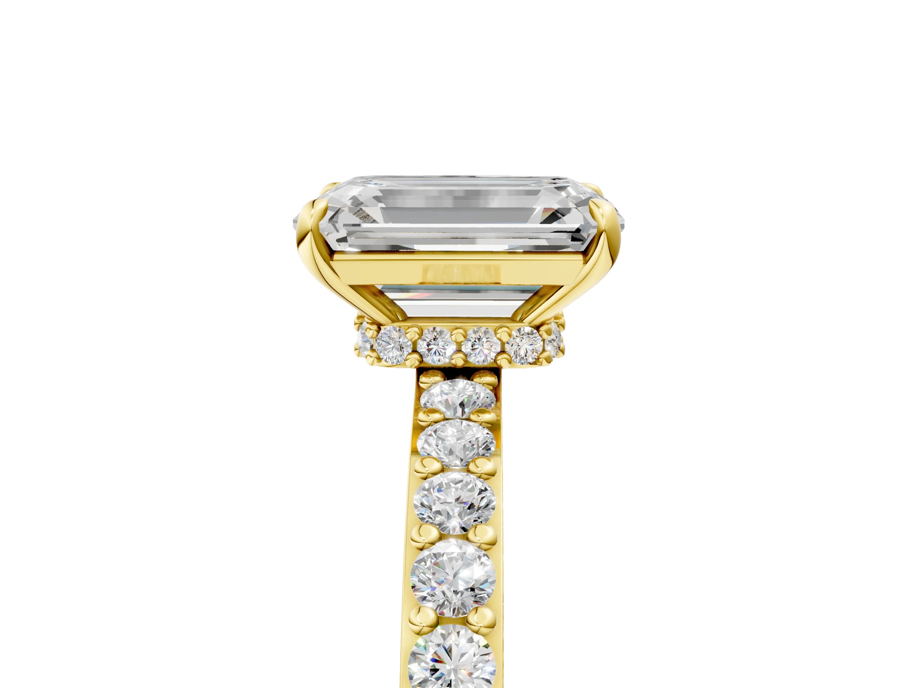 Yellow gold Emerald Cut Diamond Pavé Engagement Ring with Round with Moissanite side stone Accents and Prong Setting_5