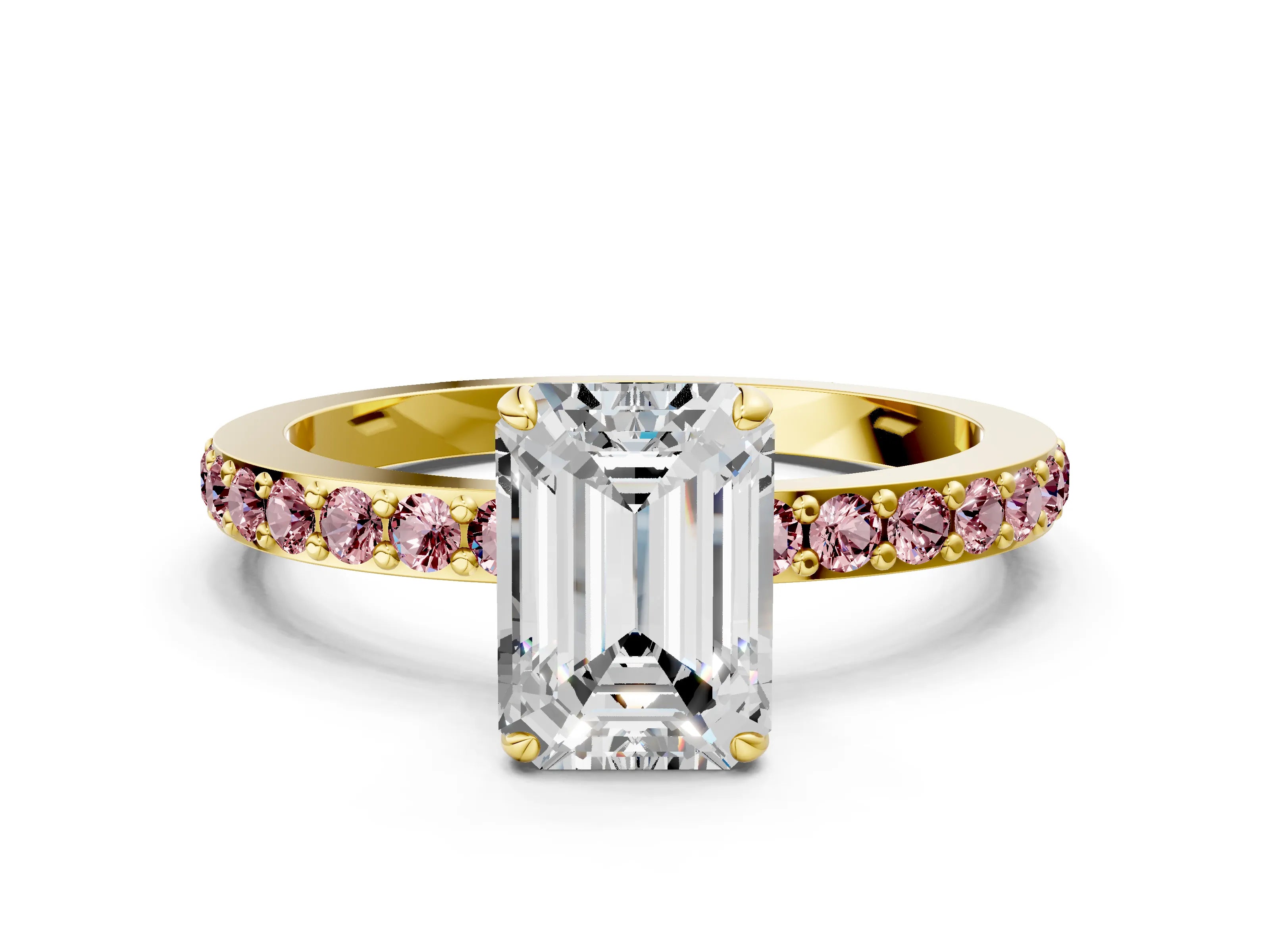 Yellow gold Emerald Cut Diamond Pavé Engagement Ring with Round with Morganite side stone Accents and Prong Setting