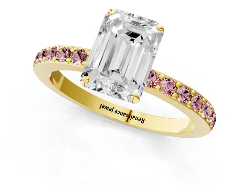 Yellow gold Emerald Cut Diamond Pavé Engagement Ring with Round with Morganite side stone Accents and Prong Setting_1