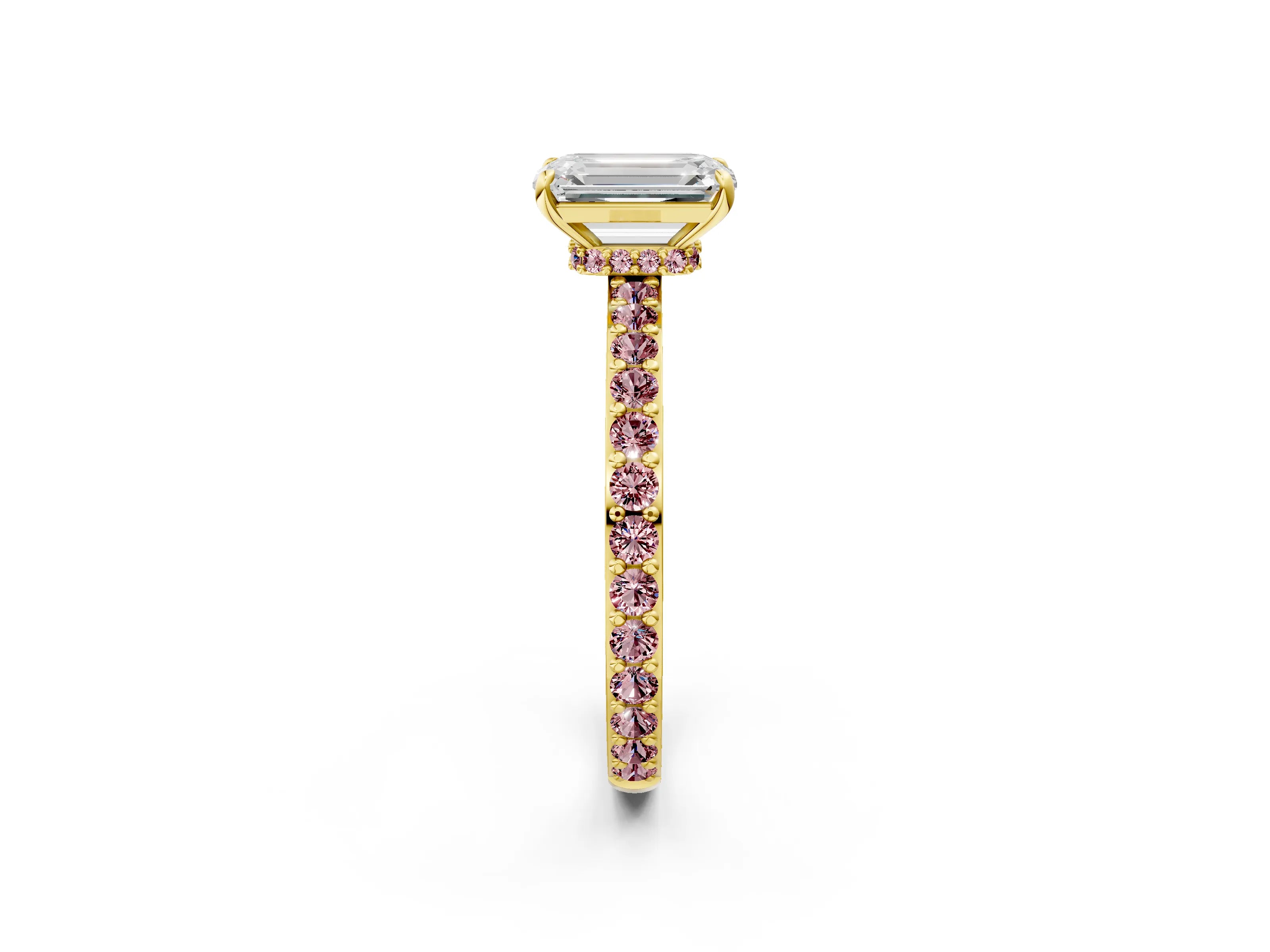 Yellow gold Emerald Cut Diamond Pavé Engagement Ring with Round with Morganite side stone Accents and Prong Setting_2