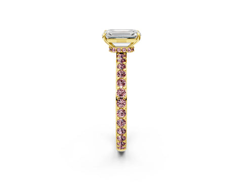 Yellow gold Emerald Cut Diamond Pavé Engagement Ring with Round with Morganite side stone Accents and Prong Setting_2