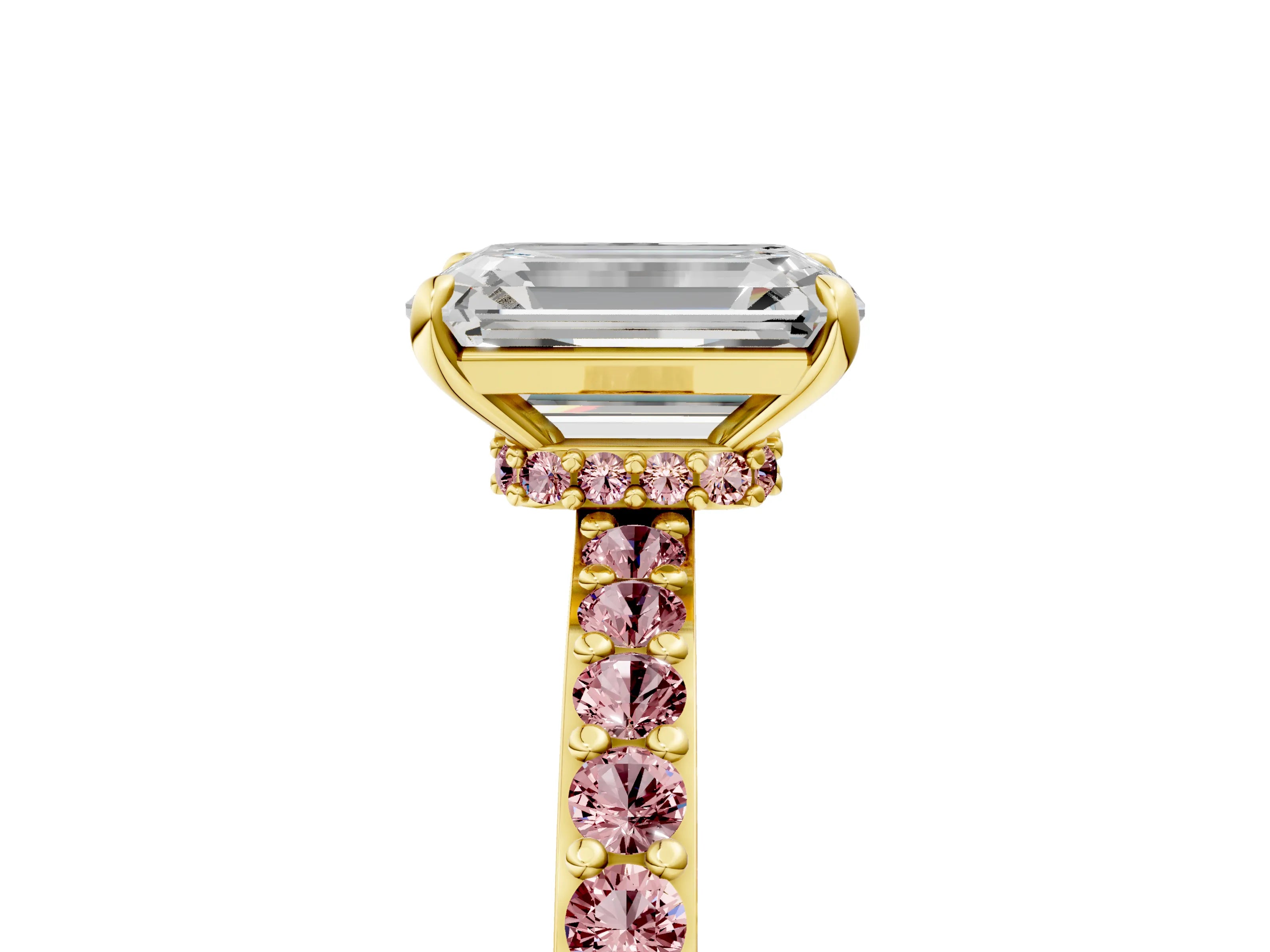 Yellow gold Emerald Cut Diamond Pavé Engagement Ring with Round with Morganite side stone Accents and Prong Setting_5