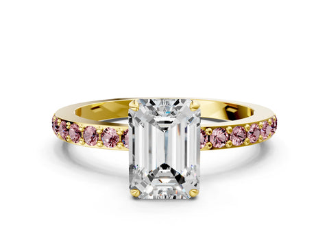 Yellow gold Emerald Cut Diamond Pavé Engagement Ring with Round with Morganite side stone Accents and Prong Setting