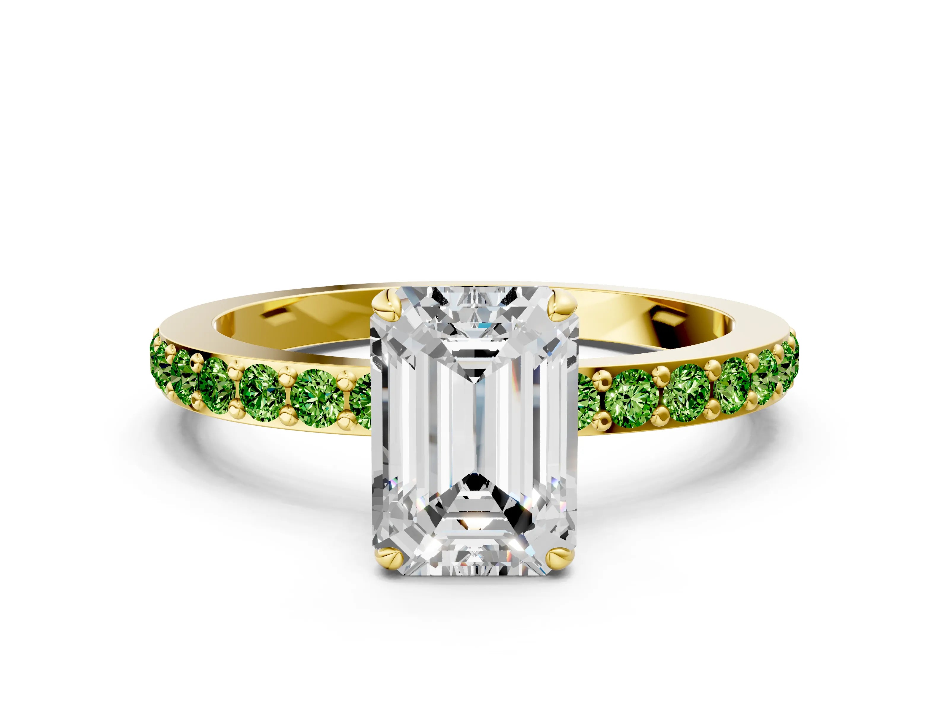 Yellow gold Emerald Cut Diamond Pavé Engagement Ring with Round with Peridot side stone Accents and Prong Setting