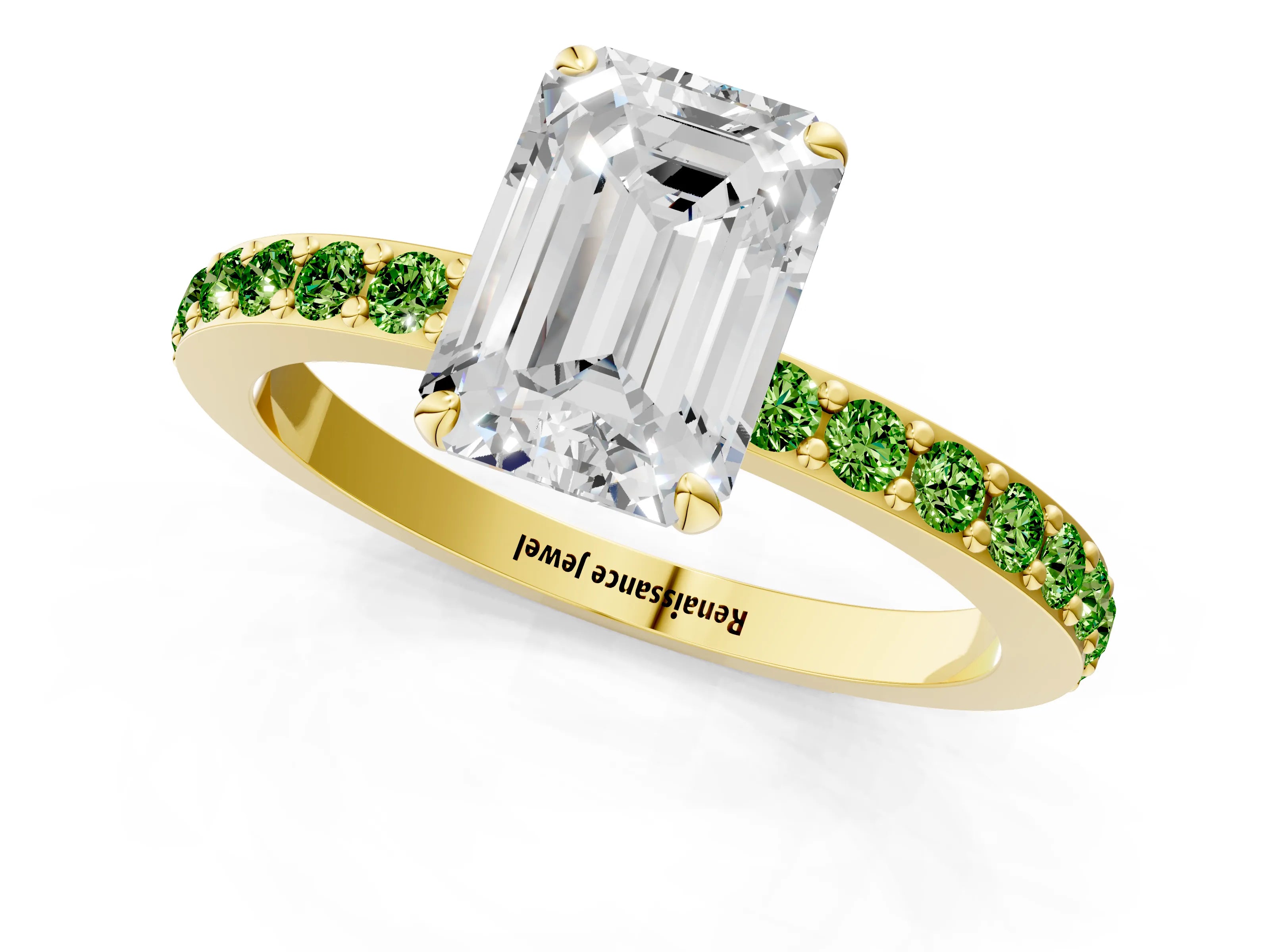 Yellow gold Emerald Cut Diamond Pavé Engagement Ring with Round with Peridot side stone Accents and Prong Setting_1