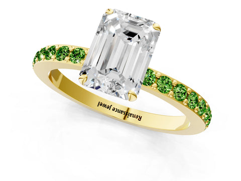 Yellow gold Emerald Cut Diamond Pavé Engagement Ring with Round with Peridot side stone Accents and Prong Setting_1