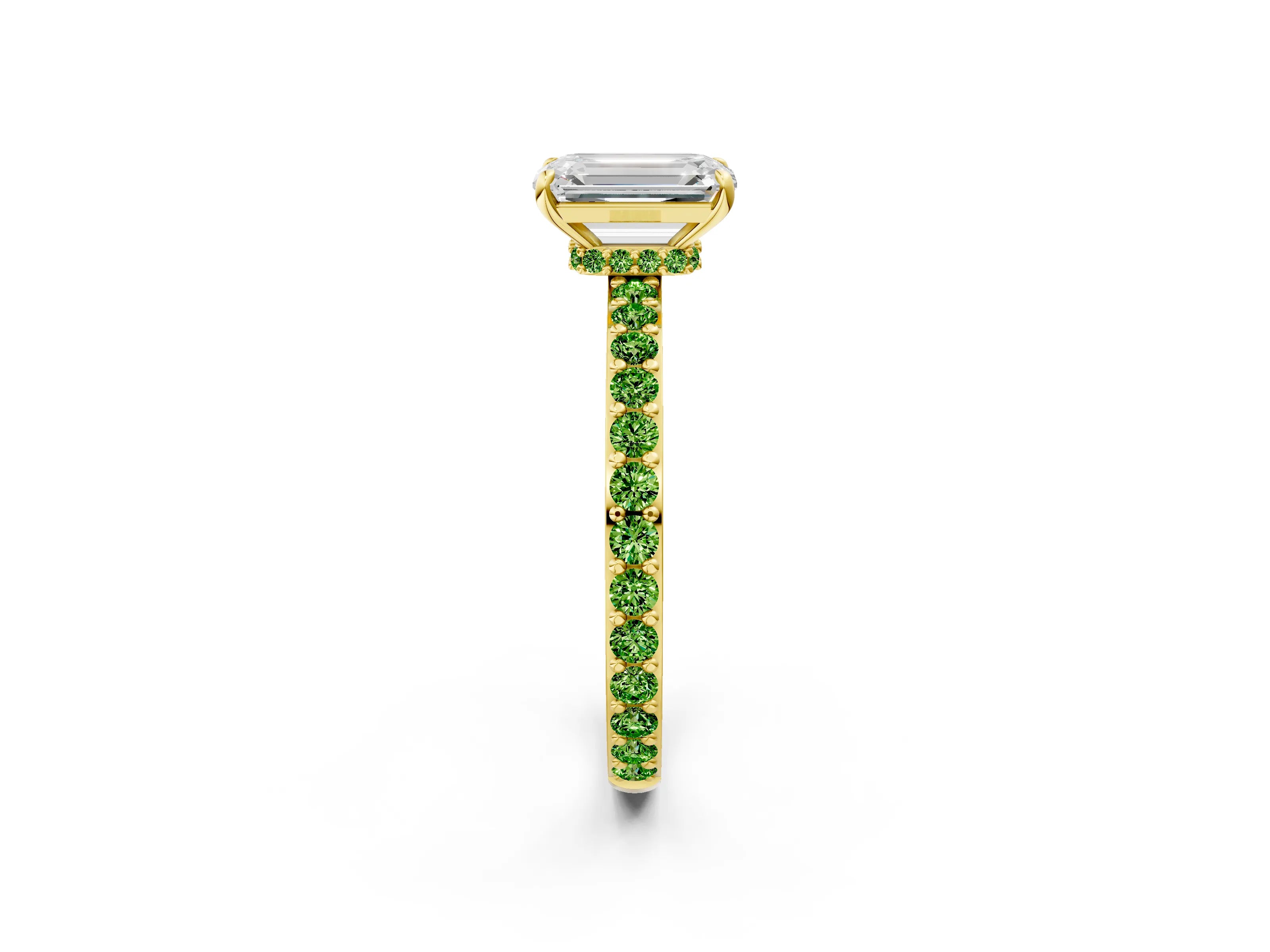 Yellow gold Emerald Cut Diamond Pavé Engagement Ring with Round with Peridot side stone Accents and Prong Setting_2