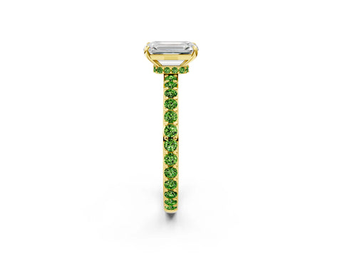 Yellow gold Emerald Cut Diamond Pavé Engagement Ring with Round with Peridot side stone Accents and Prong Setting_2