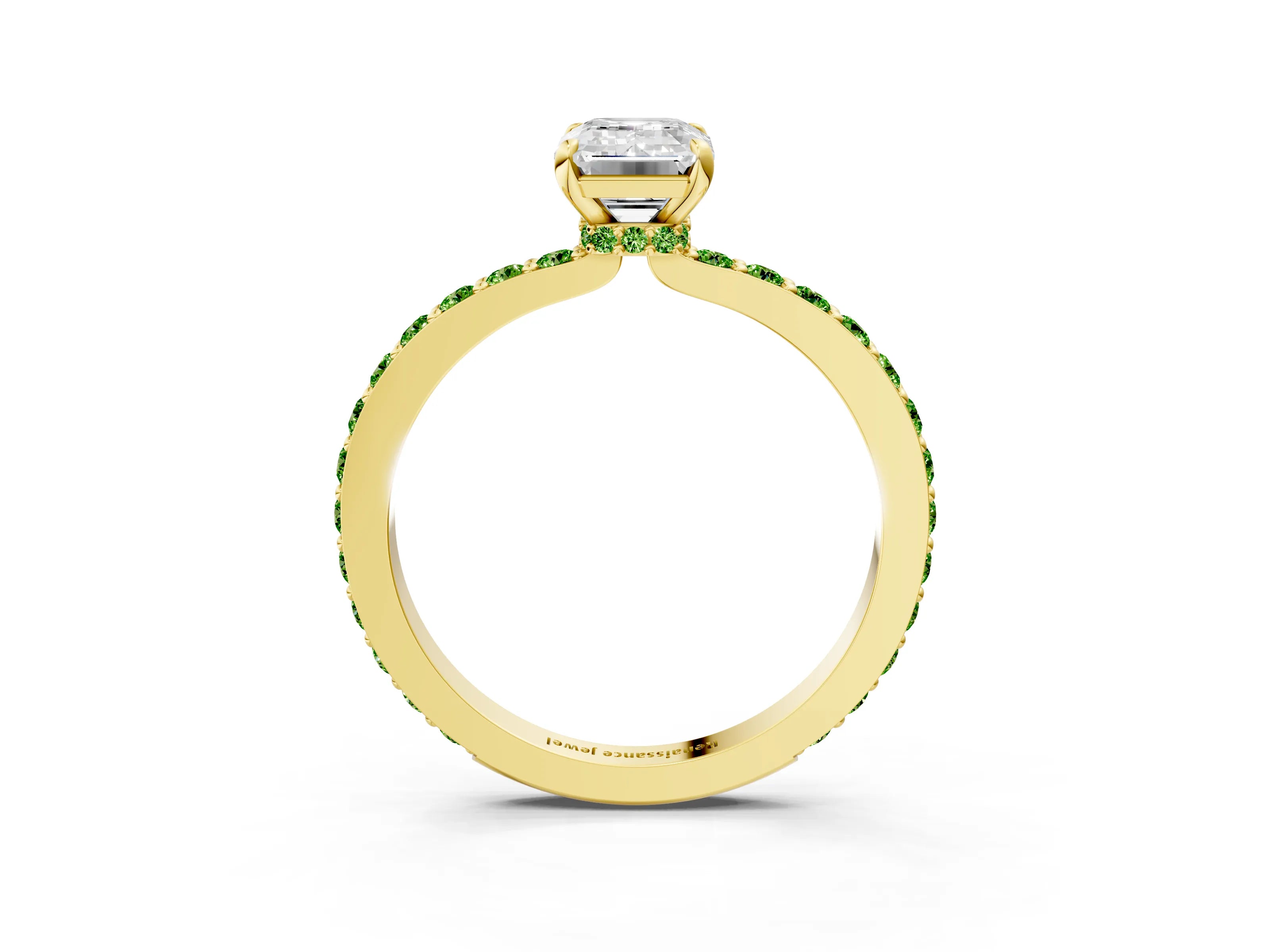 Yellow gold Emerald Cut Diamond Pavé Engagement Ring with Round with Peridot side stone Accents and Prong Setting_3