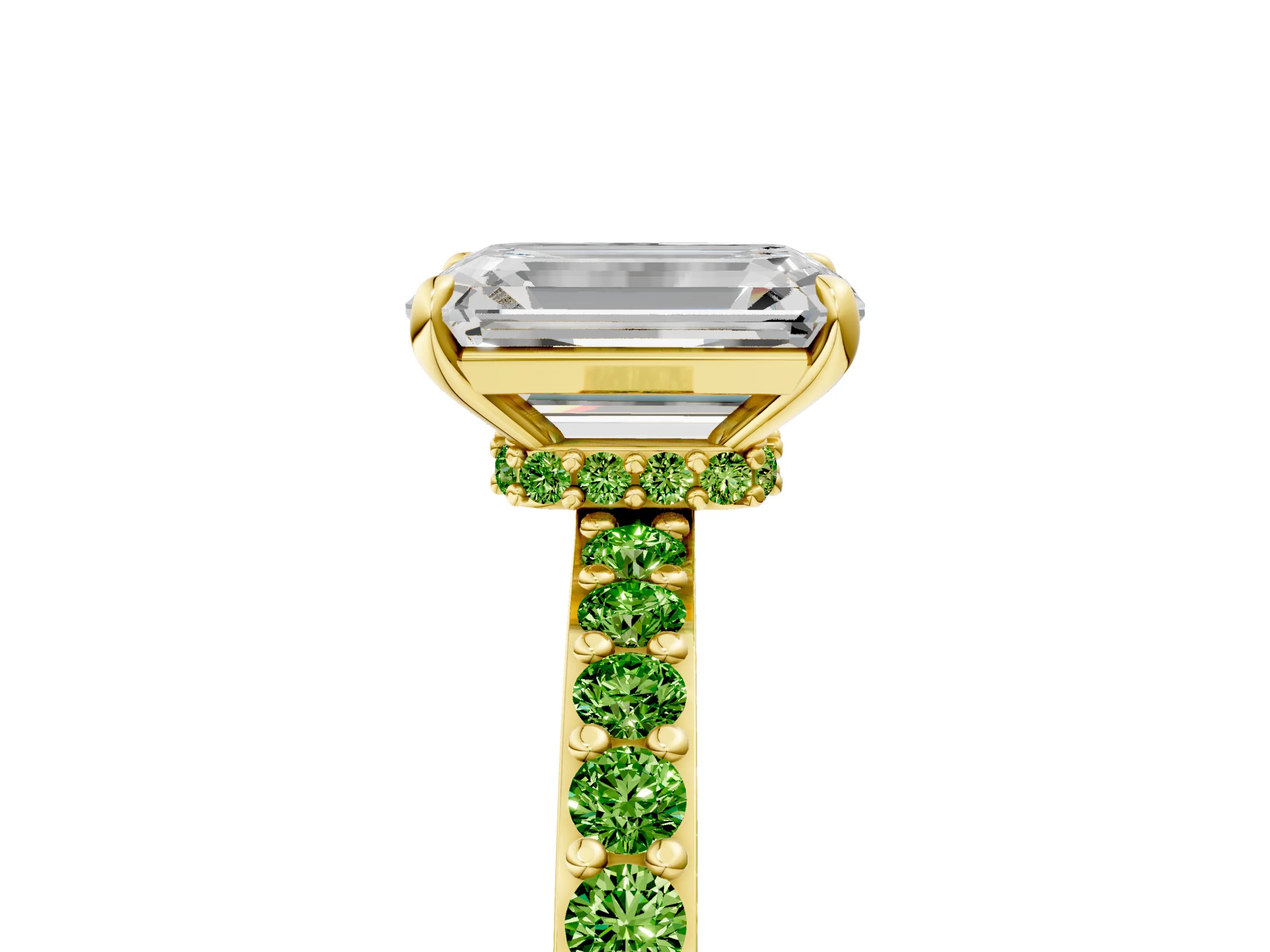 Yellow gold Emerald Cut Diamond Pavé Engagement Ring with Round with Peridot side stone Accents and Prong Setting_5