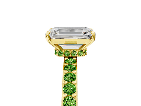 Yellow gold Emerald Cut Diamond Pavé Engagement Ring with Round with Peridot side stone Accents and Prong Setting_5