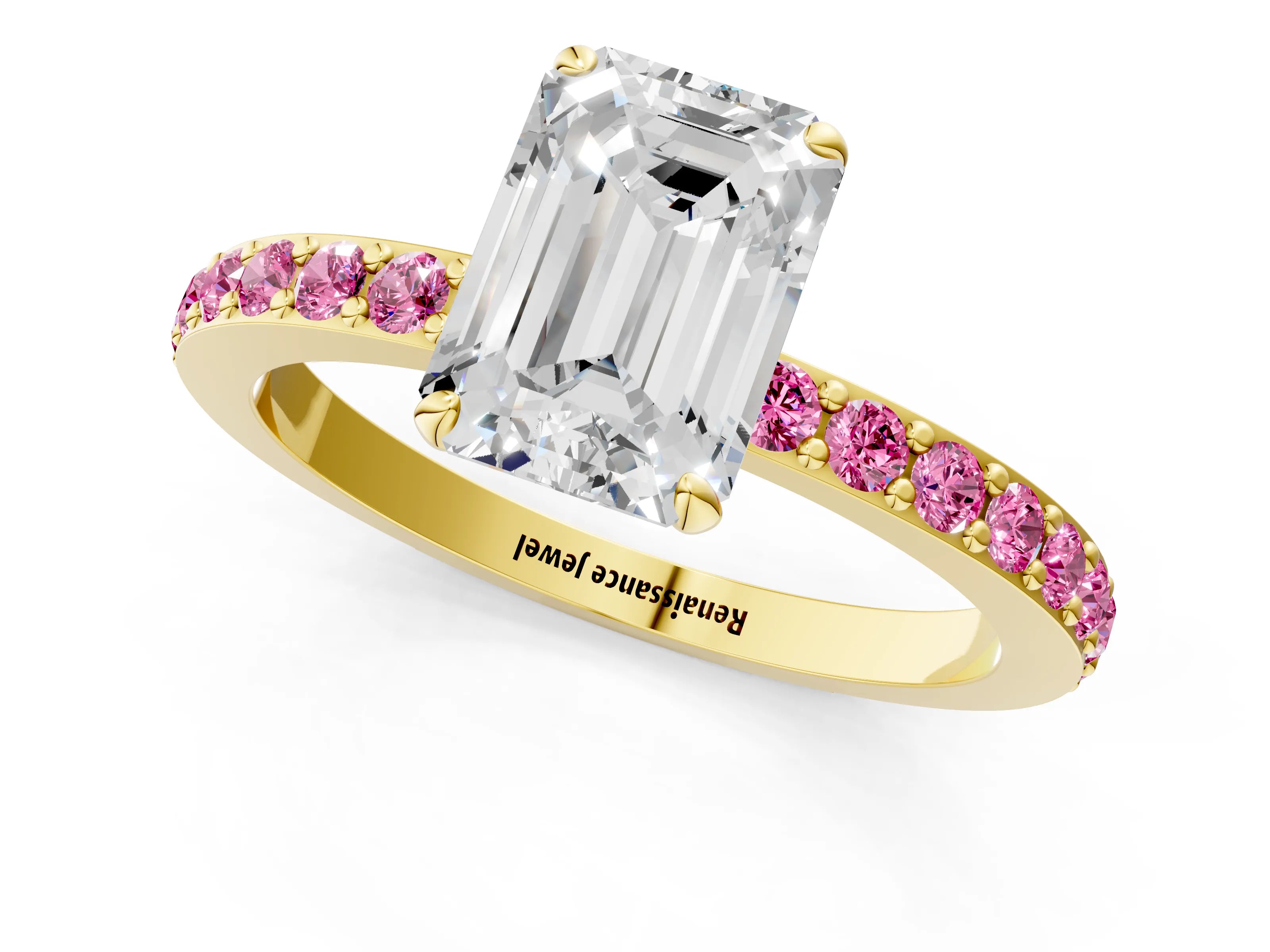Yellow gold Emerald Cut Diamond Pavé Engagement Ring with Round with Pink Sapphire side stone Accents and Prong Setting_1