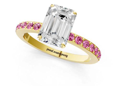 Yellow gold Emerald Cut Diamond Pavé Engagement Ring with Round with Pink Sapphire side stone Accents and Prong Setting_1