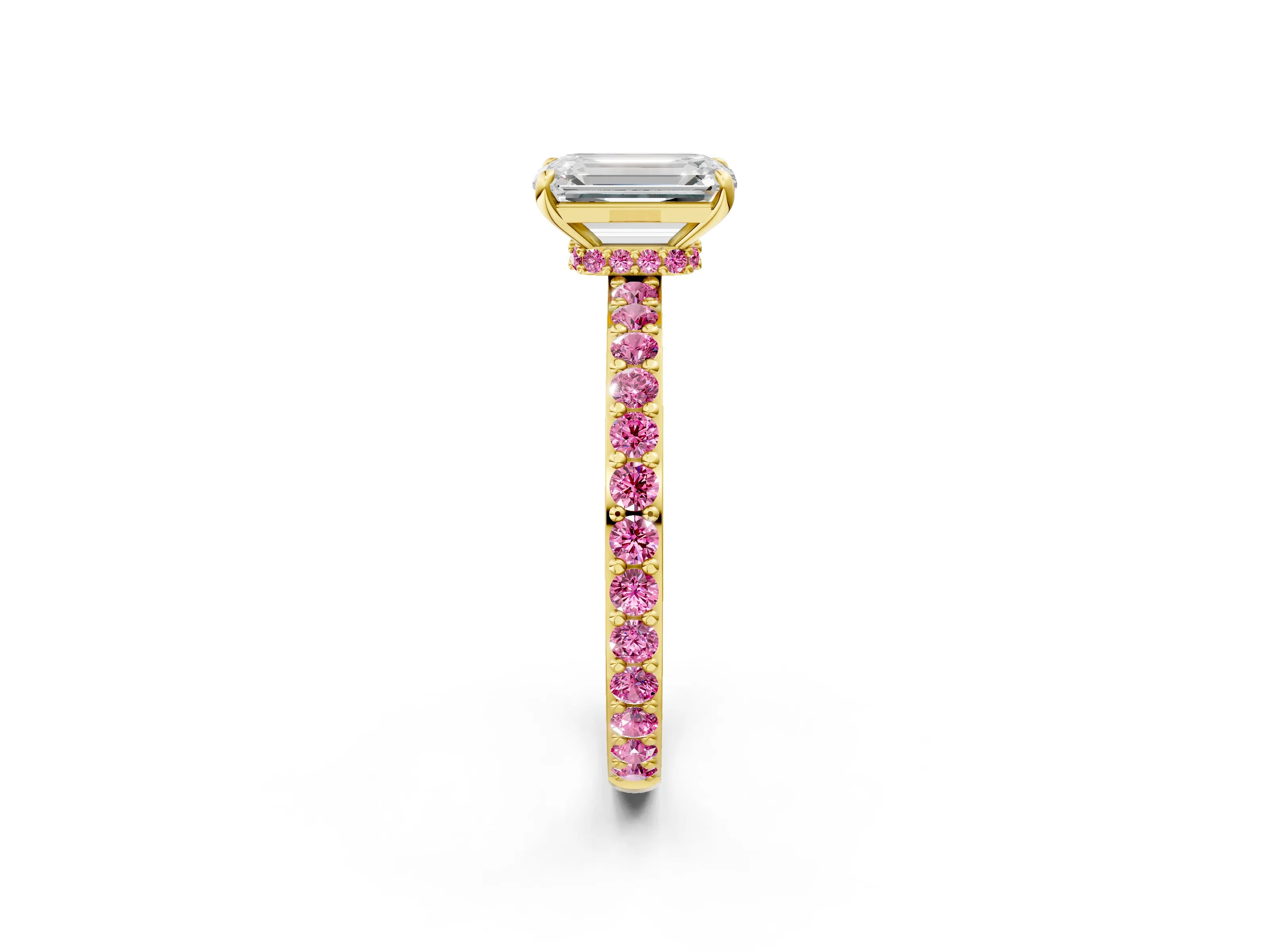 Yellow gold Emerald Cut Diamond Pavé Engagement Ring with Round with Pink Sapphire side stone Accents and Prong Setting_2