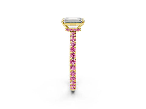 Yellow gold Emerald Cut Diamond Pavé Engagement Ring with Round with Pink Sapphire side stone Accents and Prong Setting_2