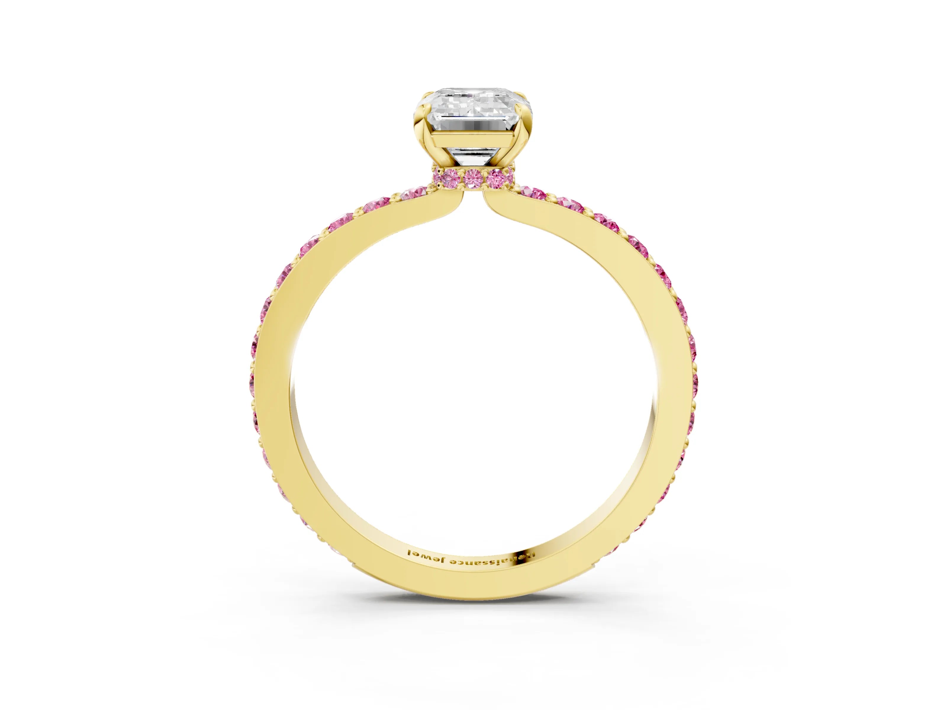 Yellow gold Emerald Cut Diamond Pavé Engagement Ring with Round with Pink Sapphire side stone Accents and Prong Setting_3