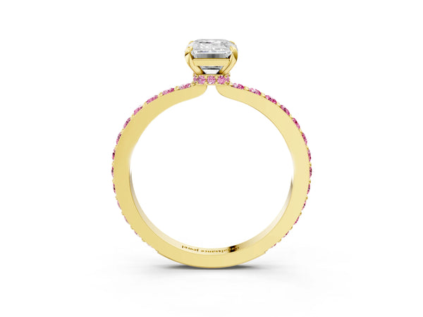 Yellow Gold Emerald Cut Hidden Halo Engagement Ring Setting with Lab-Grown Pink Sapphire Pave Band