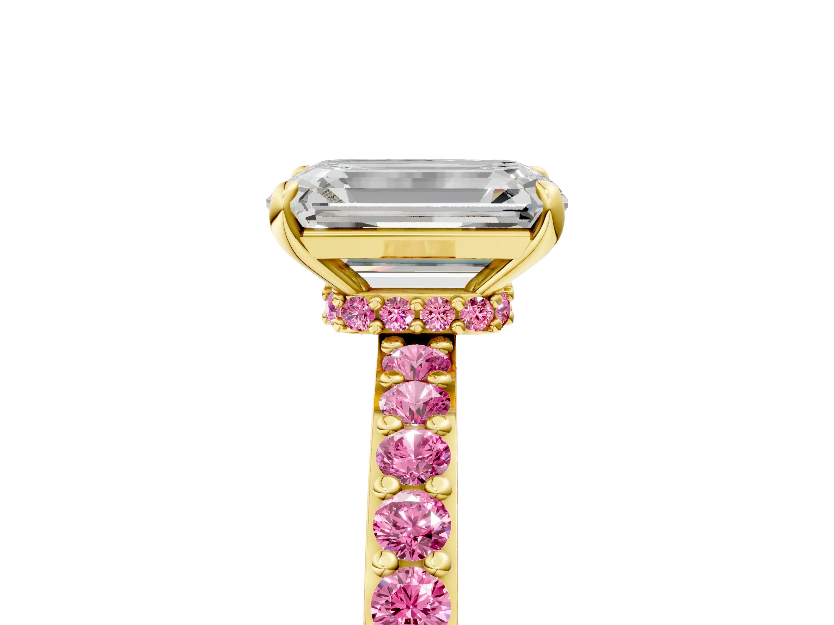 Yellow gold Emerald Cut Diamond Pavé Engagement Ring with Round with Pink Sapphire side stone Accents and Prong Setting_5