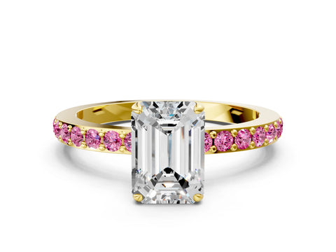 Yellow gold Emerald Cut Diamond Pavé Engagement Ring with Round with Pink Sapphire side stone Accents and Prong Setting