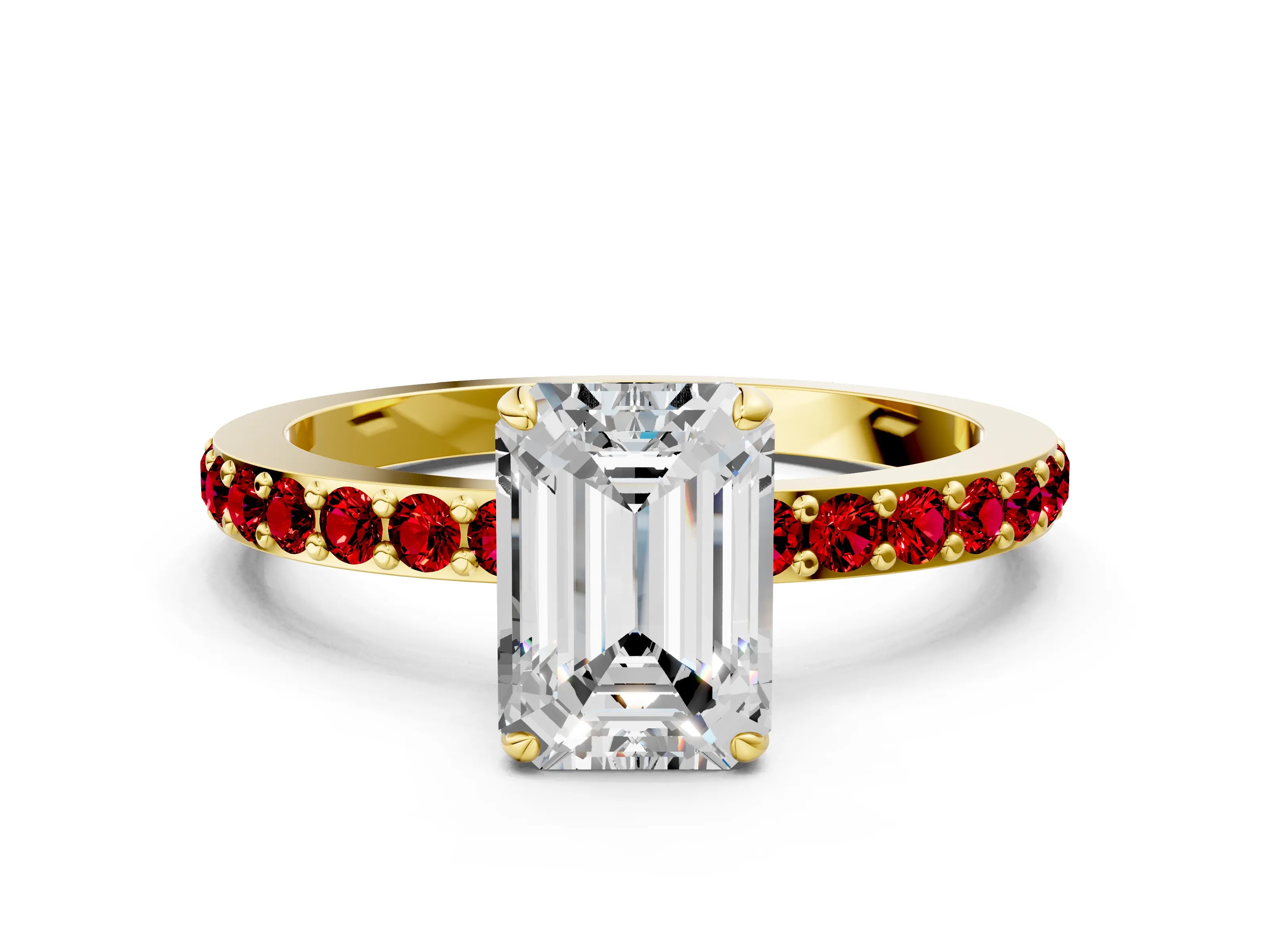 Yellow gold Emerald Cut Diamond Pavé Engagement Ring with Round with Ruby side stone Accents and Prong Setting