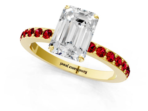 Yellow gold Emerald Cut Diamond Pavé Engagement Ring with Round with Ruby side stone Accents and Prong Setting_1
