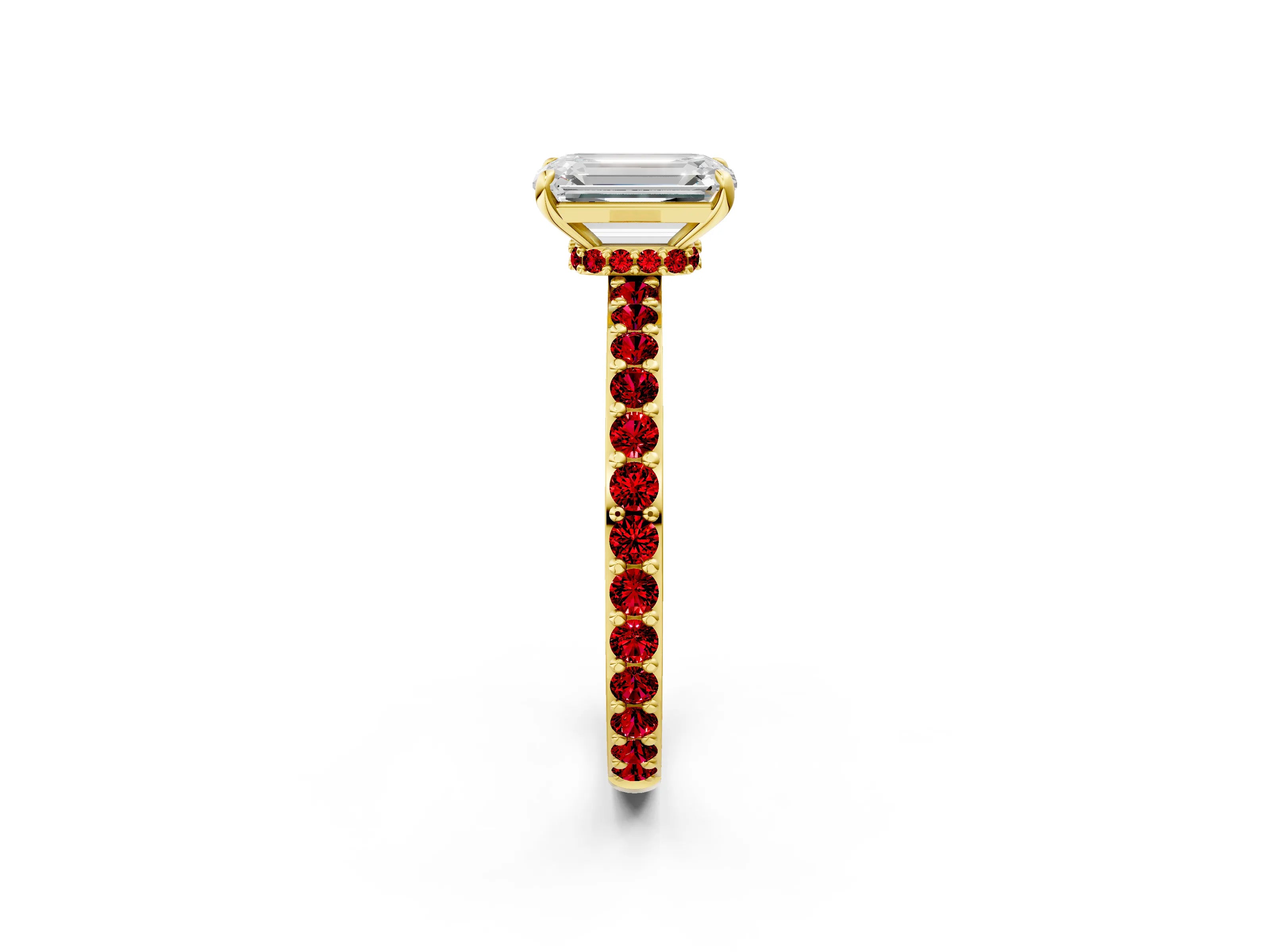 Yellow gold Emerald Cut Diamond Pavé Engagement Ring with Round with Ruby side stone Accents and Prong Setting_2
