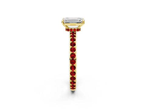 Yellow gold Emerald Cut Diamond Pavé Engagement Ring with Round with Ruby side stone Accents and Prong Setting_2