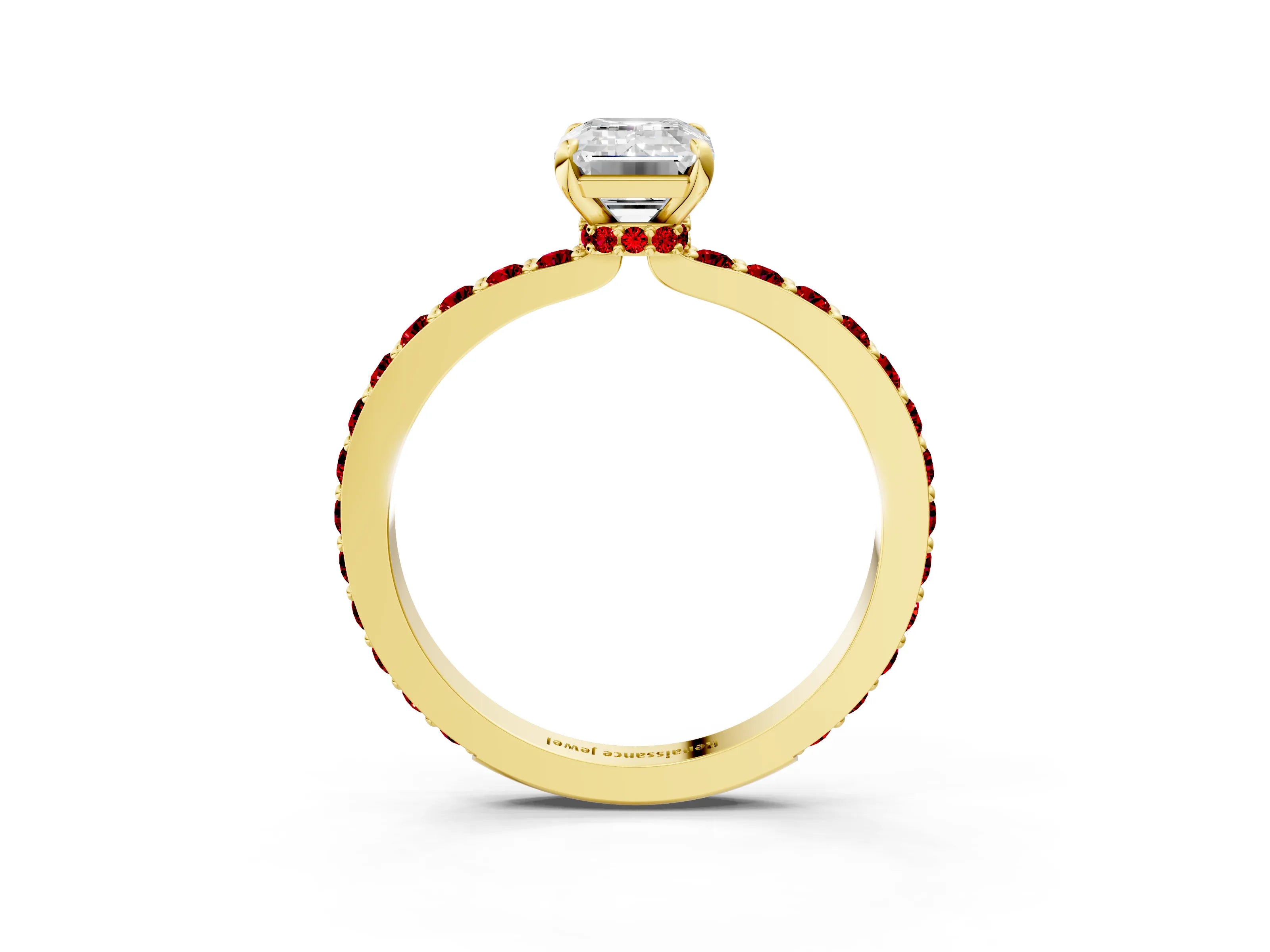 Yellow gold Emerald Cut Diamond Pavé Engagement Ring with Round with Ruby side stone Accents and Prong Setting_3