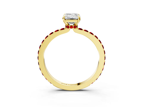 Yellow gold Emerald Cut Diamond Pavé Engagement Ring with Round with Ruby side stone Accents and Prong Setting_3