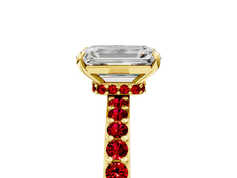 Yellow gold Emerald Cut Diamond Pavé Engagement Ring with Round with Ruby side stone Accents and Prong Setting_5