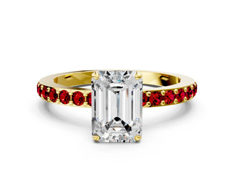 Yellow gold Emerald Cut Diamond Pavé Engagement Ring with Round with Ruby side stone Accents and Prong Setting