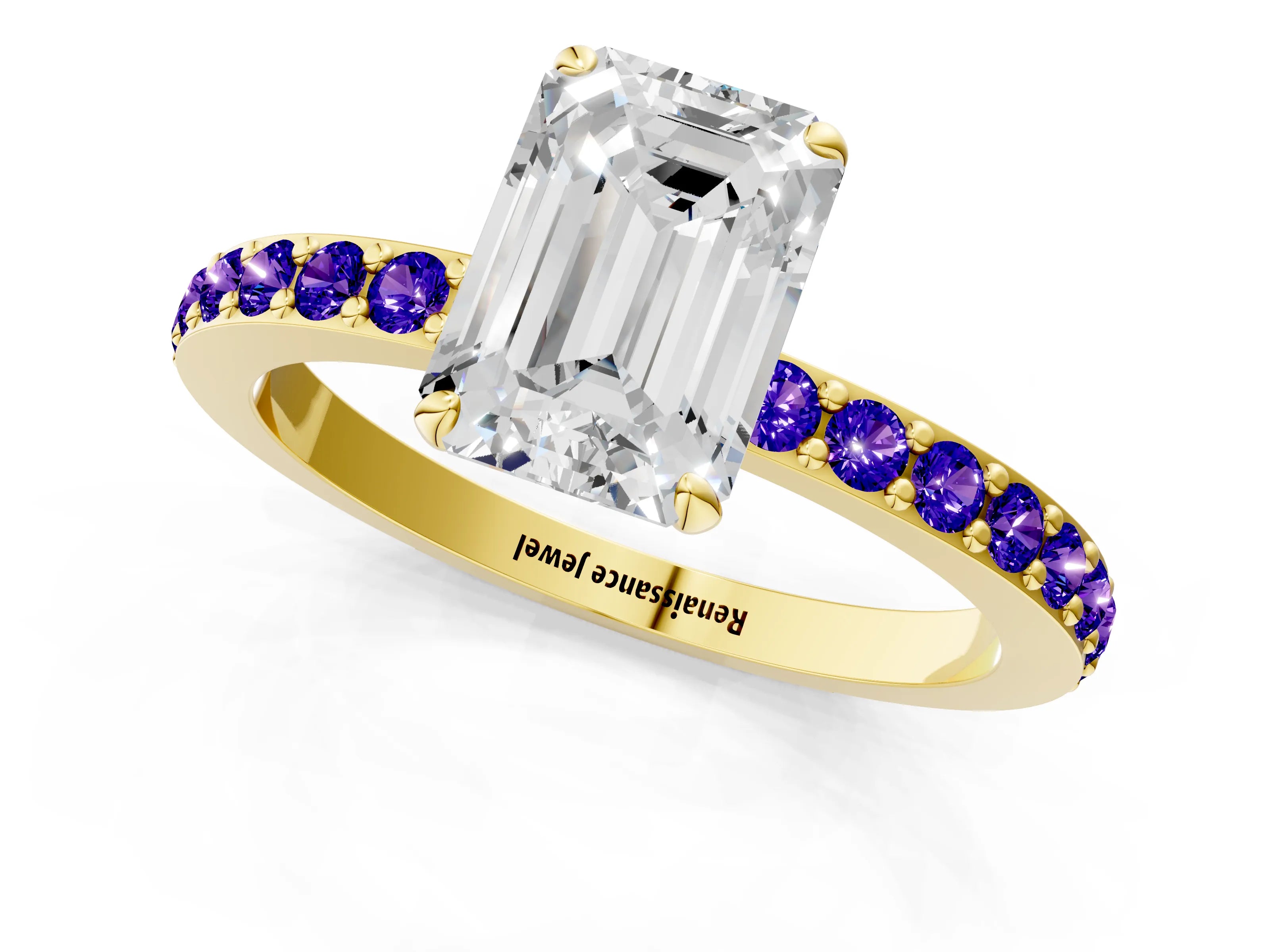 Yellow gold Emerald Cut Diamond Pavé Engagement Ring with Round with Tanzanite side stone Accents and Prong Setting_1