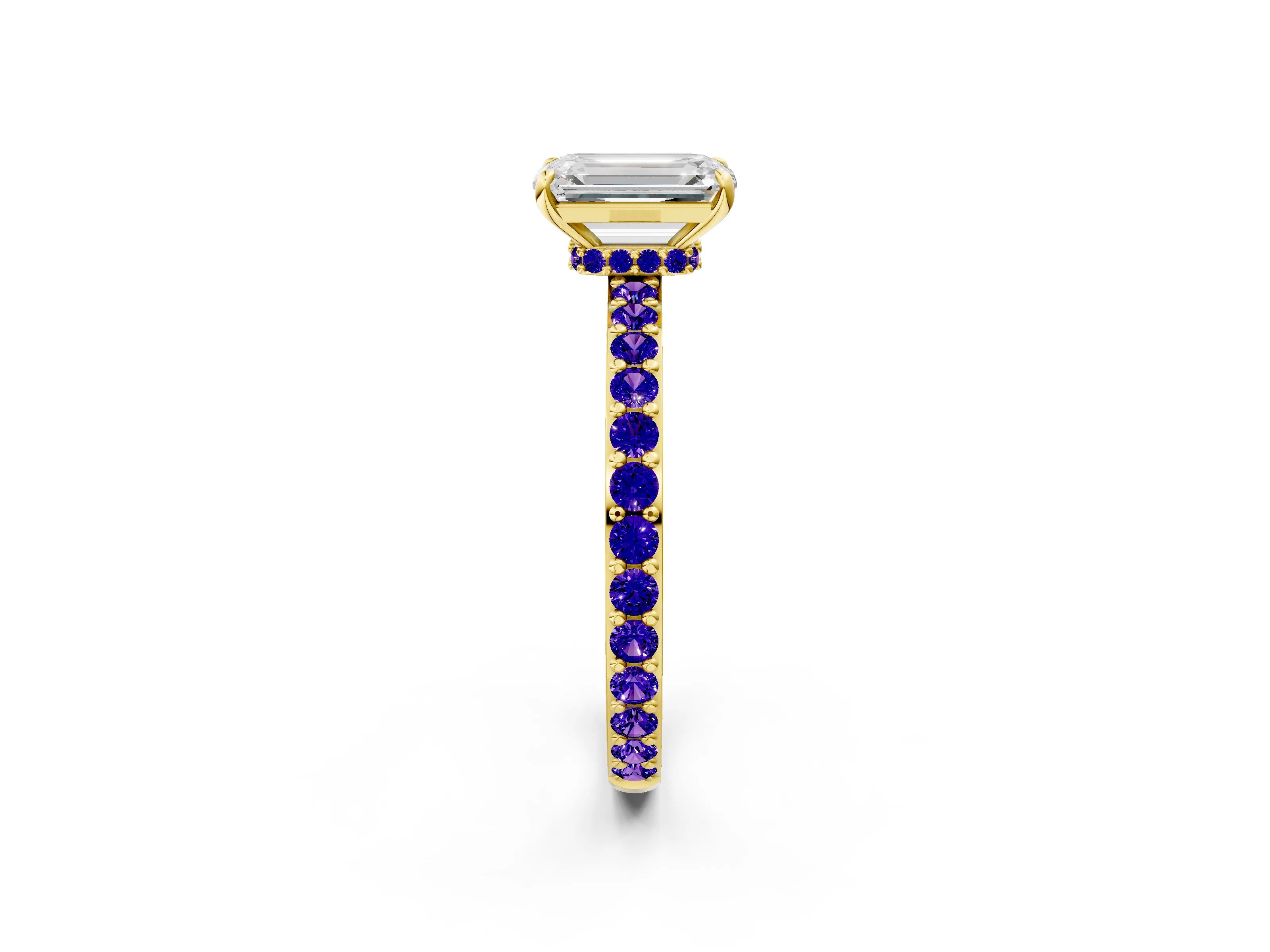Yellow gold Emerald Cut Diamond Pavé Engagement Ring with Round with Tanzanite side stone Accents and Prong Setting_2