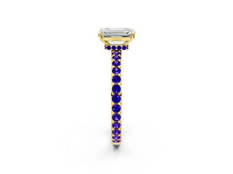Yellow gold Emerald Cut Diamond Pavé Engagement Ring with Round with Tanzanite side stone Accents and Prong Setting_2