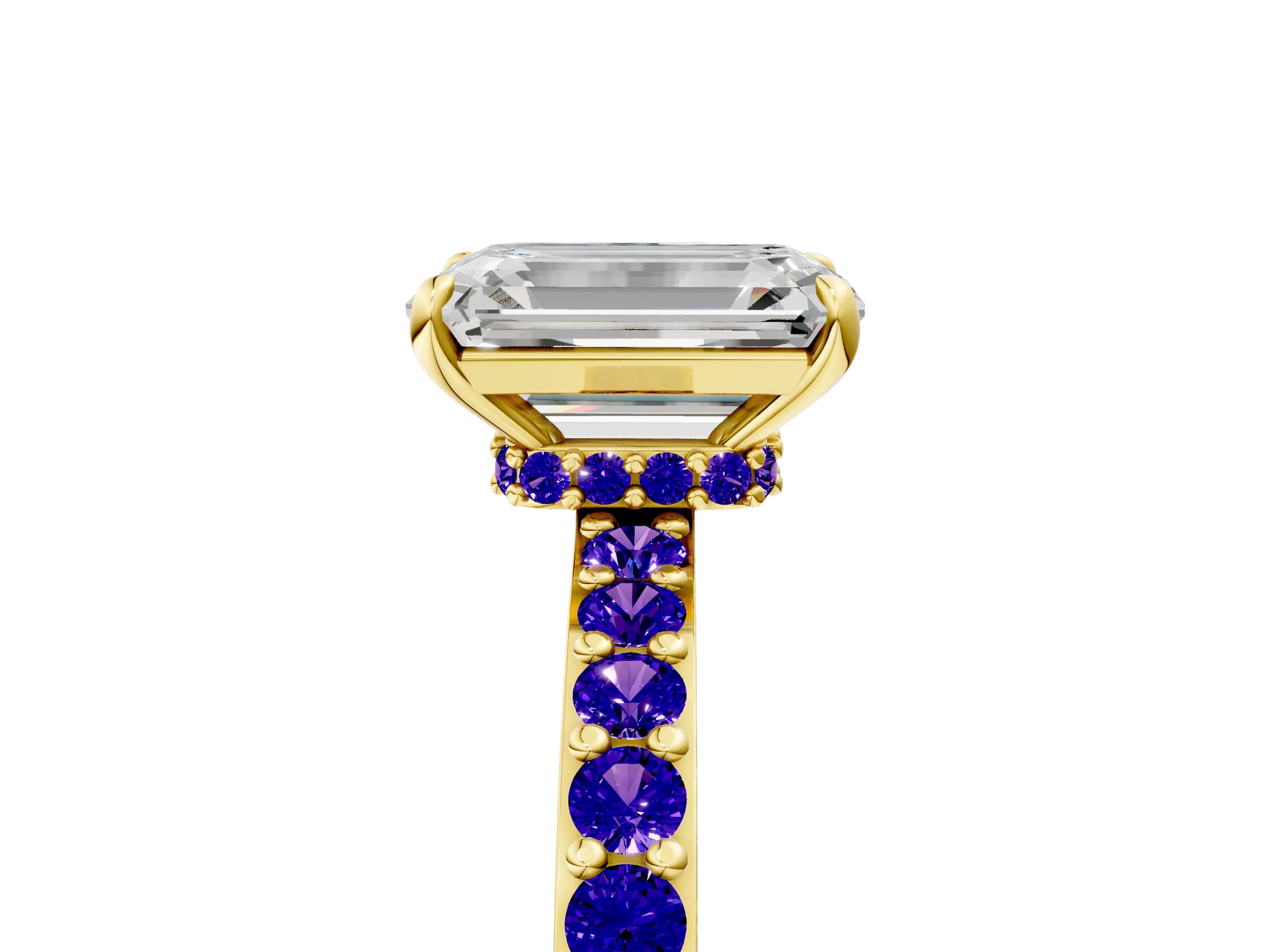Yellow gold Emerald Cut Diamond Pavé Engagement Ring with Round with Tanzanite side stone Accents and Prong Setting_5