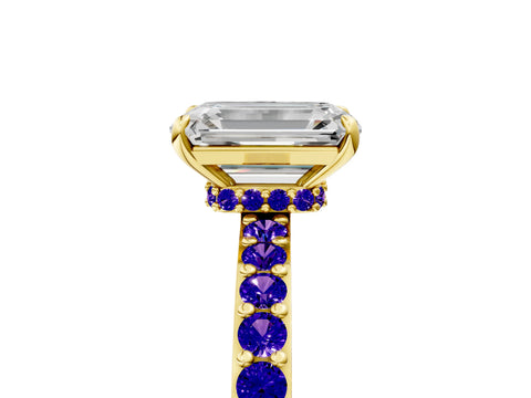 Yellow gold Emerald Cut Diamond Pavé Engagement Ring with Round with Tanzanite side stone Accents and Prong Setting_5