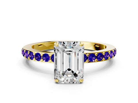Yellow gold Emerald Cut Diamond Pavé Engagement Ring with Round with Tanzanite side stone Accents and Prong Setting