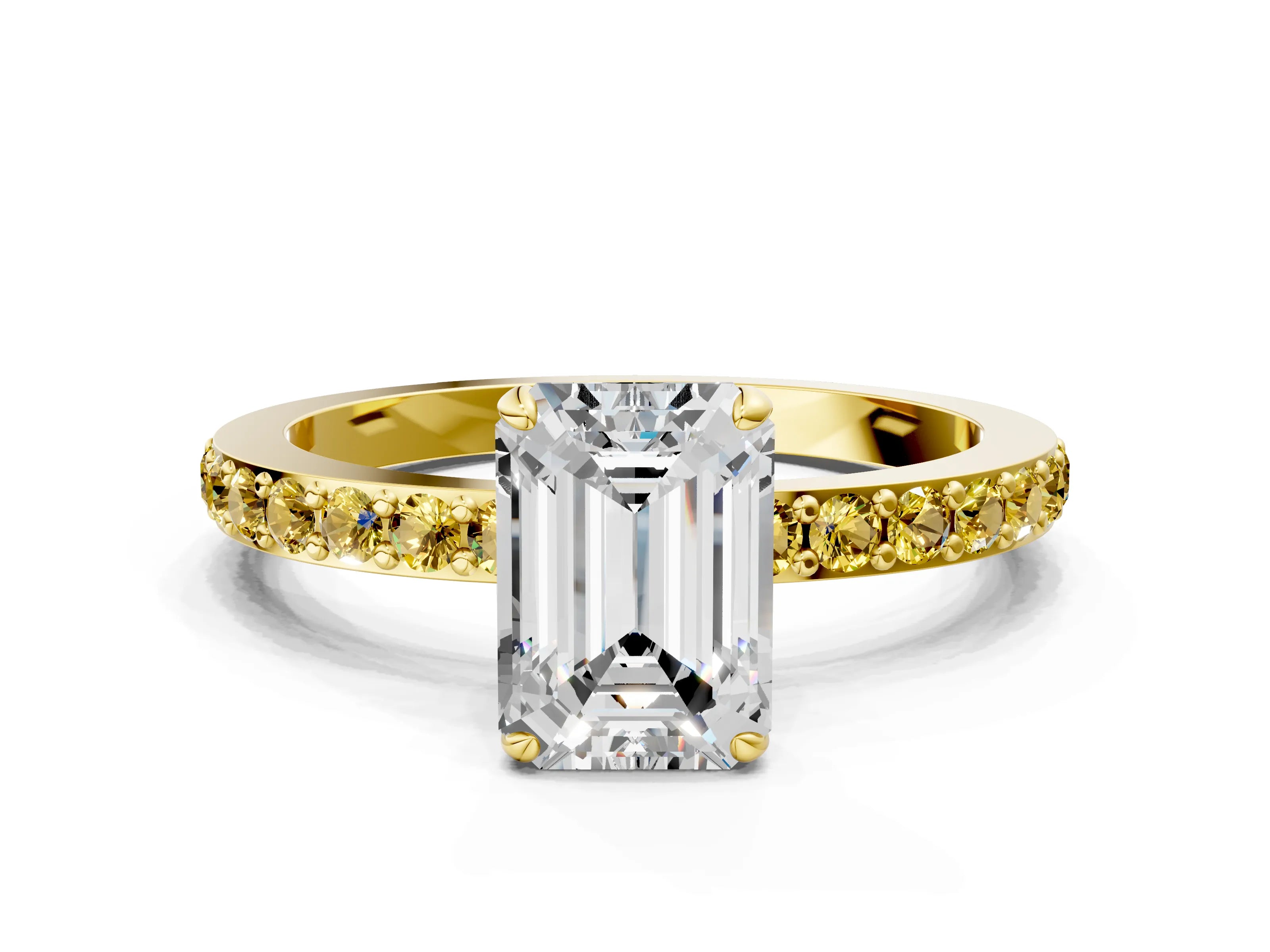 Yellow gold Emerald Cut Diamond Pavé Engagement Ring with Round with Yellow Sapphire side stone Accents and Prong Setting