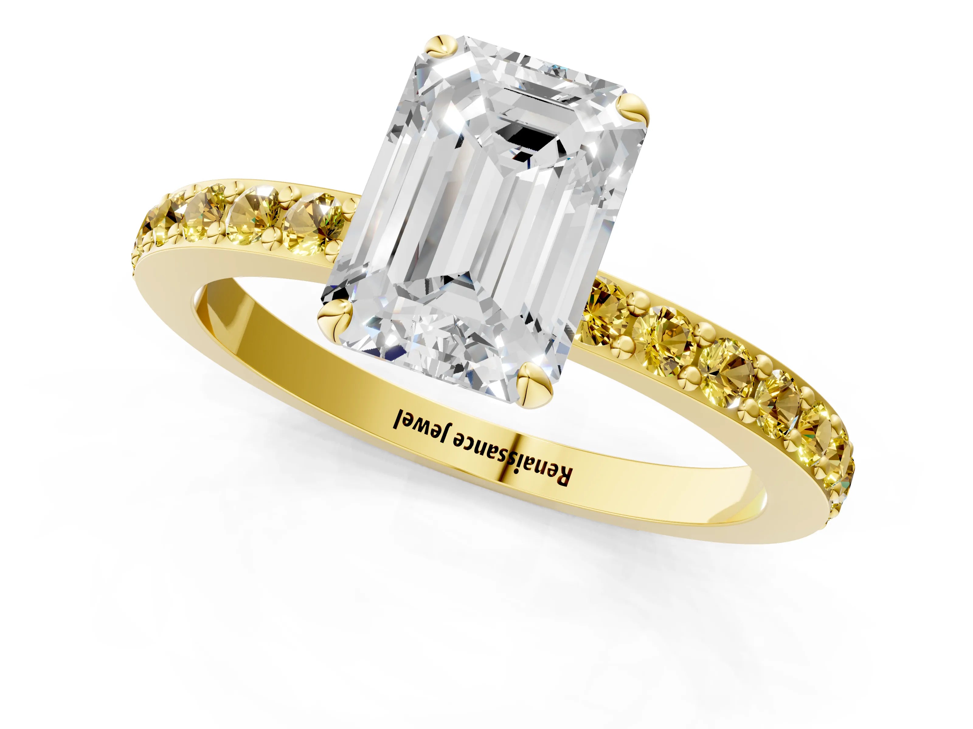 Yellow gold Emerald Cut Diamond Pavé Engagement Ring with Round with Yellow Sapphire side stone Accents and Prong Setting_1