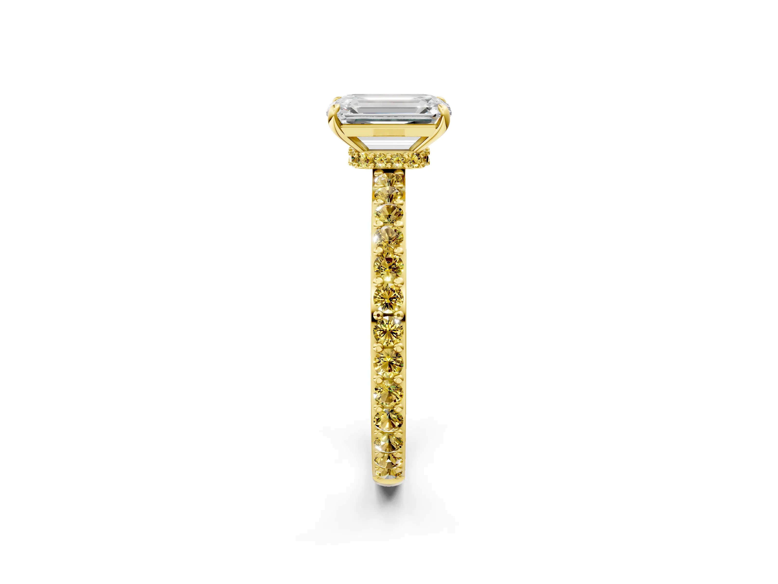 Yellow gold Emerald Cut Diamond Pavé Engagement Ring with Round with Yellow Sapphire side stone Accents and Prong Setting_2