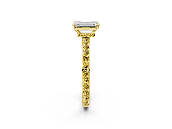 Yellow gold Emerald Cut Diamond Pavé Engagement Ring with Round with Yellow Sapphire side stone Accents and Prong Setting